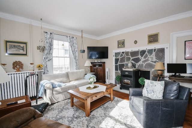 living room featuring ornamental molding, wood-type flooring, and radiator