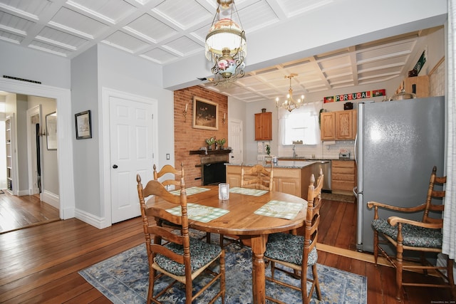 dining room featuring coffered ceiling, a notable chandelier, dark hardwood / wood-style floors, and beamed ceiling