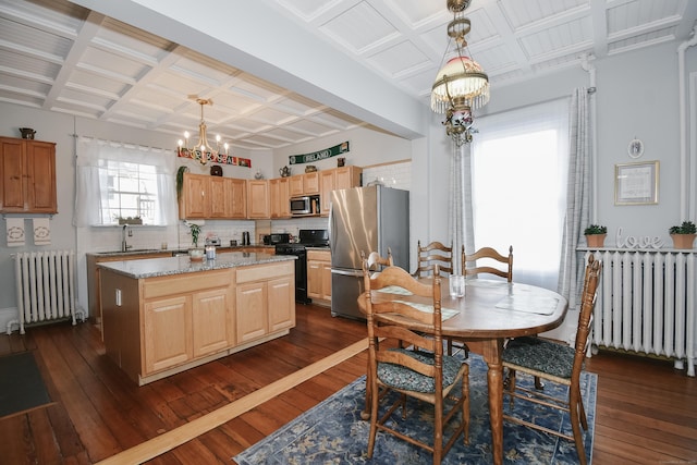 kitchen with radiator heating unit, a center island, a chandelier, and appliances with stainless steel finishes