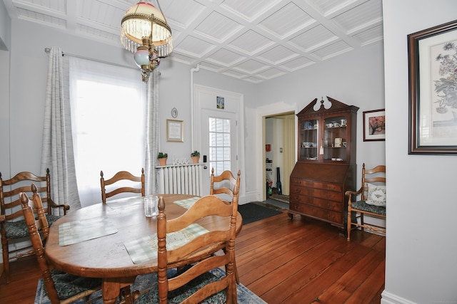 dining room featuring coffered ceiling, dark hardwood / wood-style floors, and an inviting chandelier