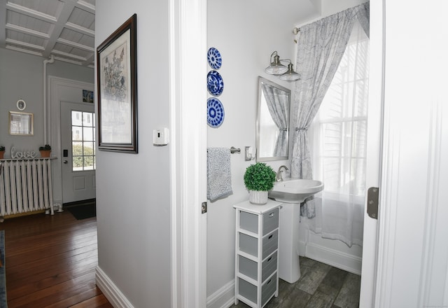 bathroom featuring radiator and hardwood / wood-style floors