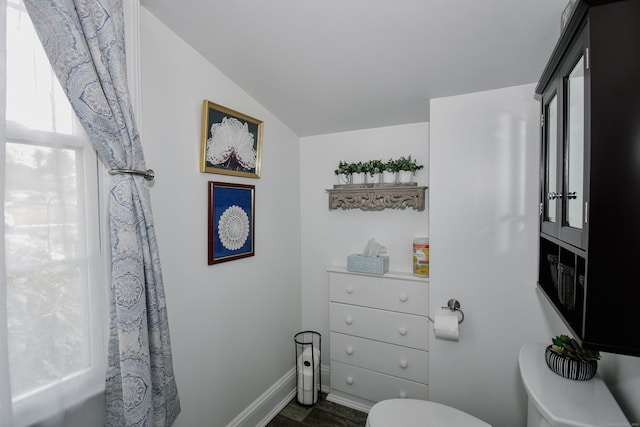 bathroom with lofted ceiling and toilet