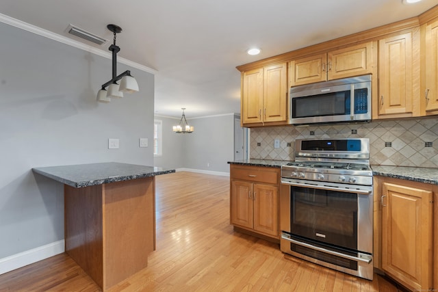 kitchen featuring hanging light fixtures, decorative backsplash, stainless steel appliances, and light wood-type flooring