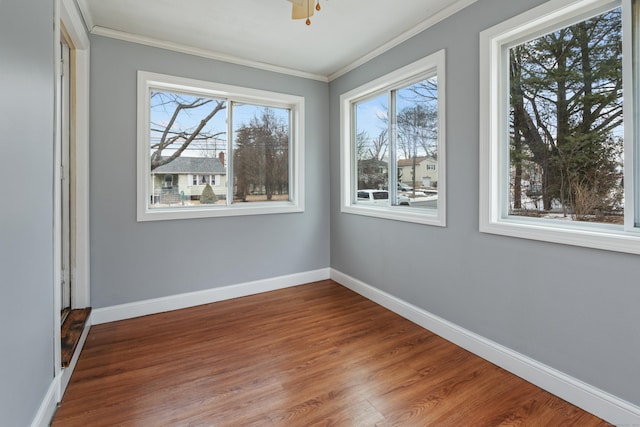 interior space featuring hardwood / wood-style floors, crown molding, a wealth of natural light, and ceiling fan