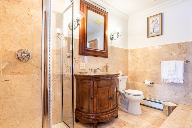 bathroom featuring an enclosed shower, tile walls, ornamental molding, vanity, and a baseboard heating unit