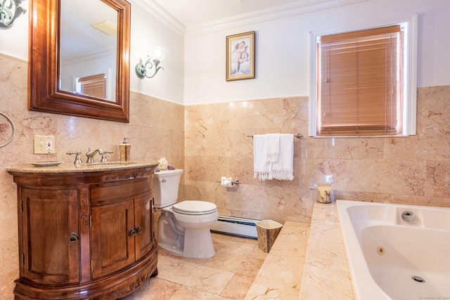 bathroom featuring toilet, tile walls, ornamental molding, vanity, and a baseboard heating unit