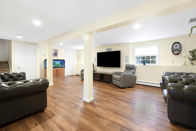 living room featuring hardwood / wood-style flooring and a baseboard radiator