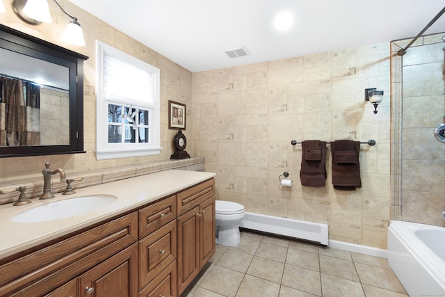 full bathroom featuring baseboard heating, tile walls, vanity, tile patterned floors, and toilet