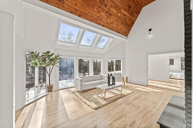 765 Durham Rd, Guilford, CT 06437 - unfurnished living room featuring high vaulted ceiling, light wood-style floors, wooden ceiling, and a skylight