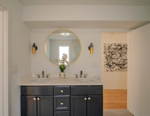 bathroom with vanity and hardwood / wood-style flooring