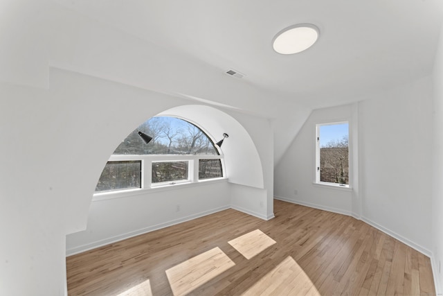 additional living space featuring light hardwood / wood-style flooring and vaulted ceiling