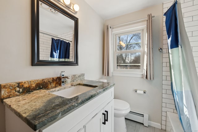 full bathroom featuring vanity, shower / bathtub combination with curtain, toilet, and baseboard heating