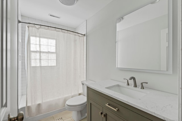 full bath with toilet, shower / bath combo, visible vents, and vanity