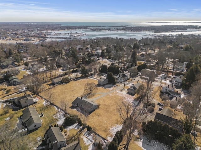 bird's eye view with a water view