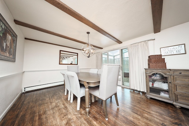 dining area featuring a chandelier, dark hardwood / wood-style floors, beamed ceiling, and baseboard heating