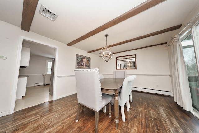 dining room featuring beam ceiling, dark wood-type flooring, and baseboard heating