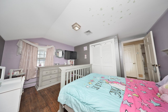 bedroom featuring lofted ceiling, dark wood-type flooring, a closet, and a baseboard radiator