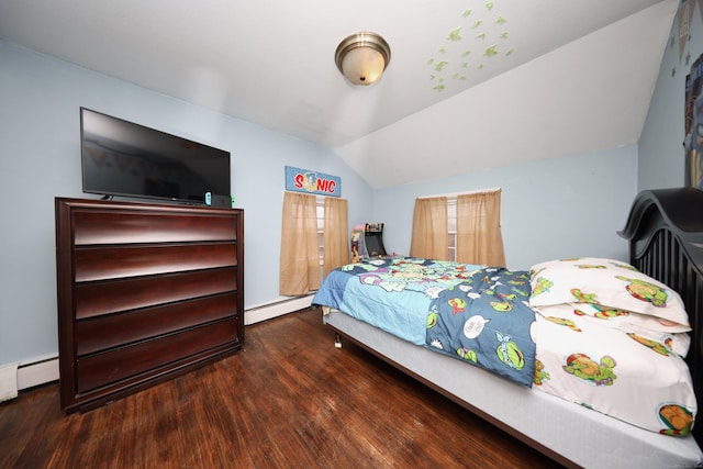 bedroom with a baseboard heating unit, dark wood-type flooring, and vaulted ceiling