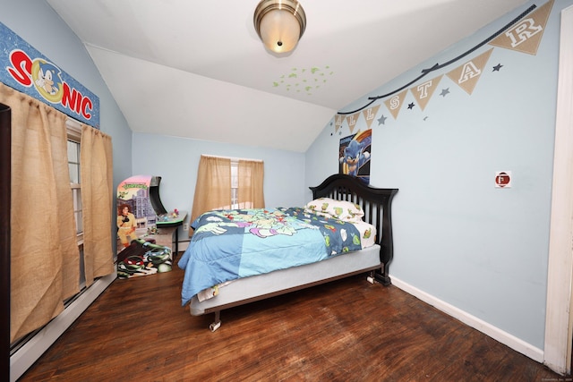 bedroom with wood-type flooring, vaulted ceiling, and baseboard heating