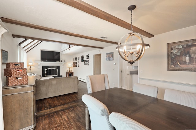 dining area with an inviting chandelier, beam ceiling, dark hardwood / wood-style flooring, and baseboard heating