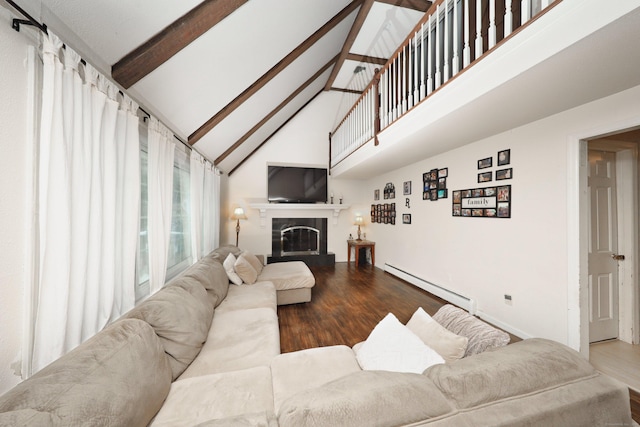 living room with beam ceiling, wood-type flooring, high vaulted ceiling, and baseboard heating