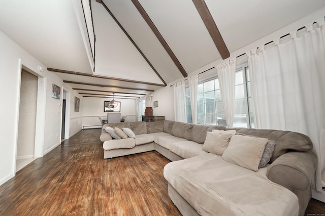 living room with a baseboard heating unit, vaulted ceiling with beams, and dark wood-type flooring