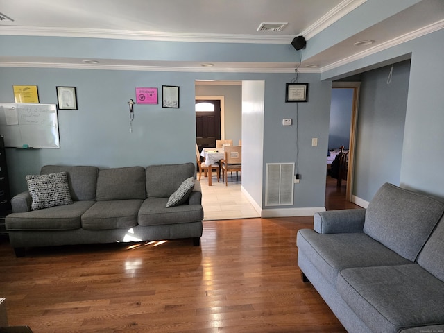 living room with crown molding, wood-type flooring, and a raised ceiling