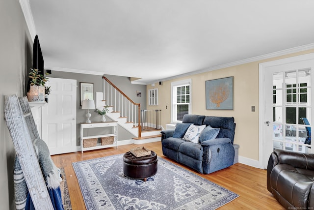1379 Old N Colony Rd, Meriden, CT 06450 - living area with ornamental molding, stairway, and wood finished floors