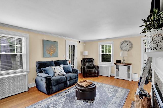 1379 Old N Colony Rd, Meriden, CT 06450 - living room featuring radiator heating unit, a fireplace with flush hearth, crown molding, and wood finished floors
