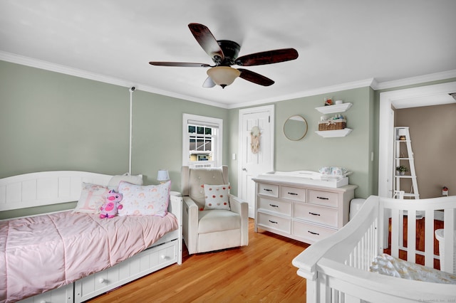 1379 Old N Colony Rd, Meriden, CT 06450 - bedroom with crown molding, light wood-style flooring, and a ceiling fan