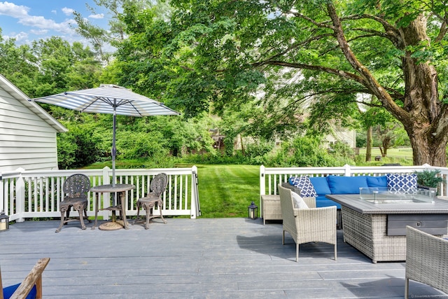 1379 Old N Colony Rd, Meriden, CT 06450 - deck with an outdoor hangout area, view of wooded area, and a lawn