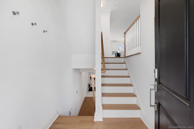 stairs with hardwood / wood-style floors