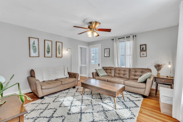 living room featuring ceiling fan and light wood-type flooring