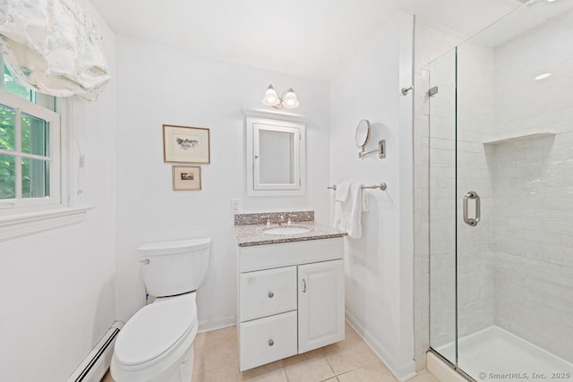 bathroom featuring toilet, a baseboard heating unit, vanity, a shower stall, and tile patterned floors