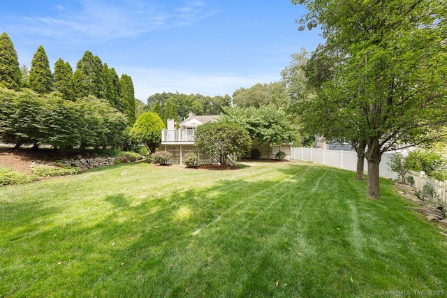 view of yard featuring fence private yard and a wooden deck