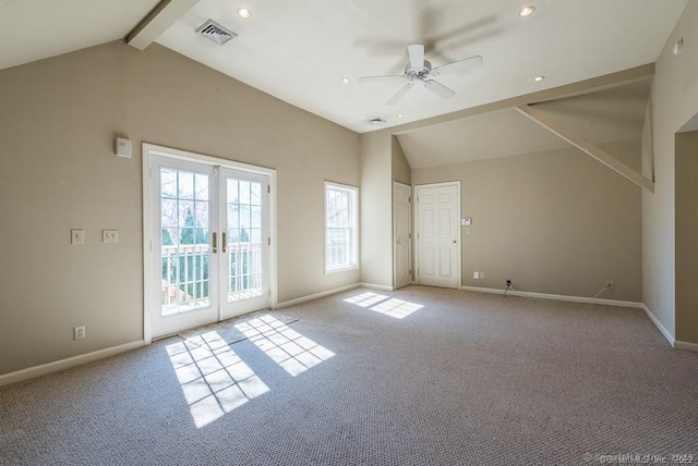 unfurnished living room with high vaulted ceiling, light colored carpet, ceiling fan, beam ceiling, and french doors