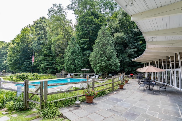 view of swimming pool with a fenced in pool, a patio, and fence