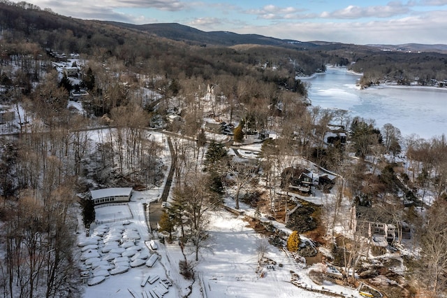 snowy aerial view with a water and mountain view