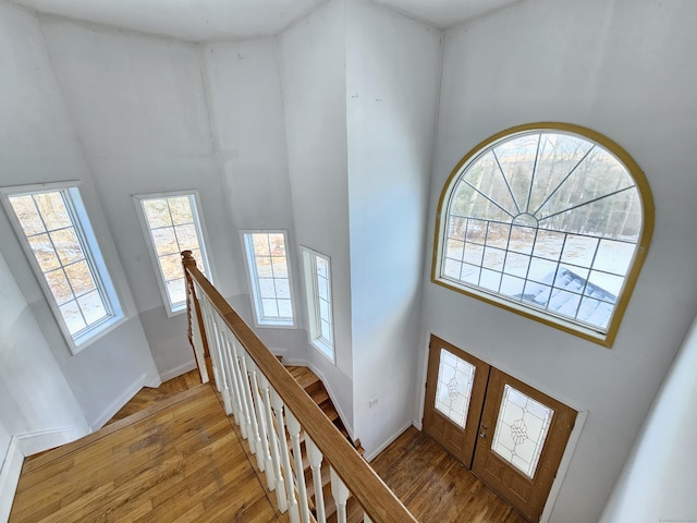 foyer featuring hardwood / wood-style floors and a towering ceiling