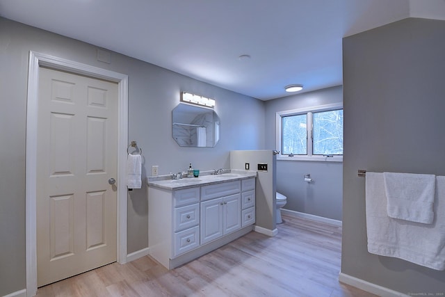 bathroom featuring vanity, wood-type flooring, and toilet