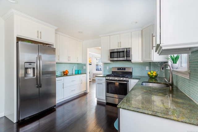 kitchen with sink, white cabinetry, stainless steel appliances, dark hardwood / wood-style floors, and tasteful backsplash