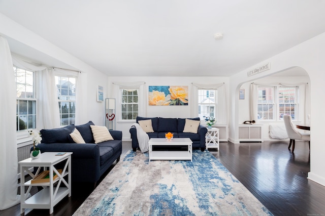 living room featuring dark wood-type flooring and radiator heating unit