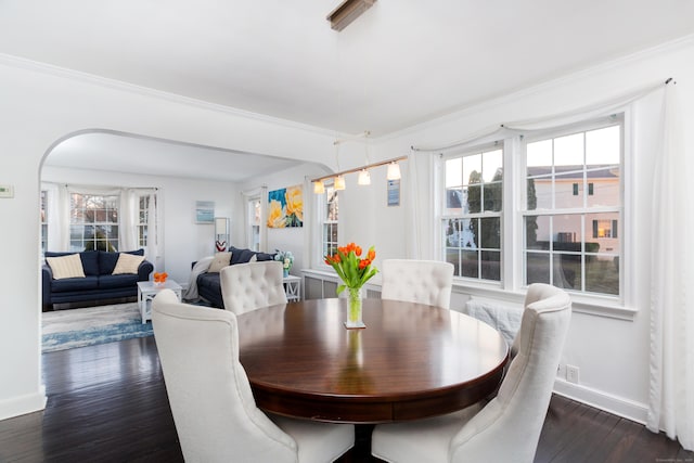 dining space with crown molding, plenty of natural light, and dark hardwood / wood-style floors