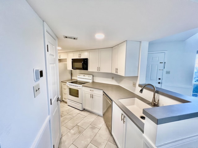 kitchen featuring white electric stove, visible vents, white cabinets, dishwasher, and black microwave