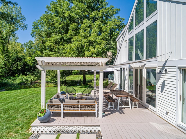 view of patio / terrace with an outdoor living space, a pergola, and a deck