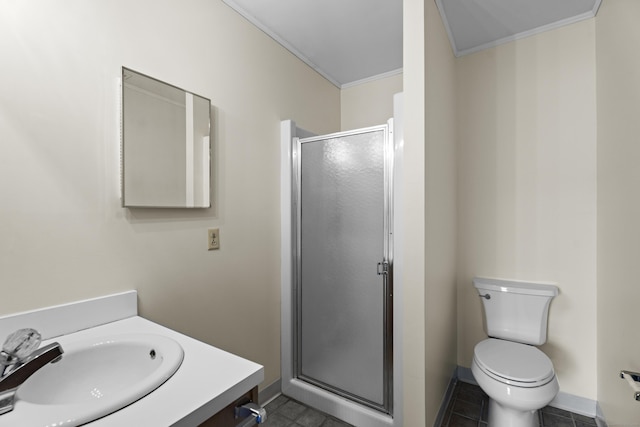 bathroom featuring vanity, toilet, tile patterned floors, and a shower with shower door