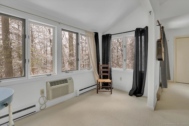 unfurnished sunroom featuring vaulted ceiling, an AC wall unit, and baseboard heating