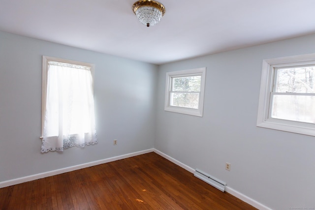 unfurnished room featuring dark hardwood / wood-style floors and baseboard heating