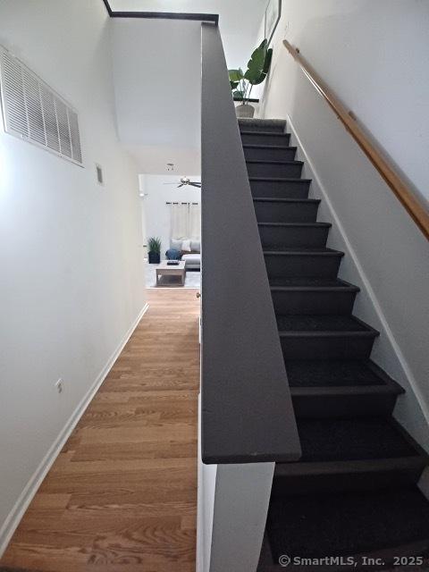 staircase with hardwood / wood-style floors