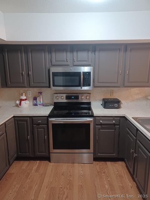 kitchen with appliances with stainless steel finishes and light hardwood / wood-style floors